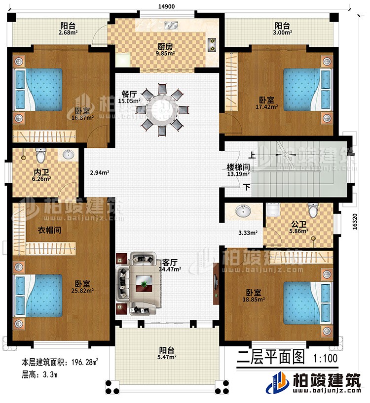 二層：客廳、樓梯間、餐廳、廚房、4臥室、衣帽間、公衛(wèi)、內(nèi)衛(wèi)、3陽(yáng)臺(tái)