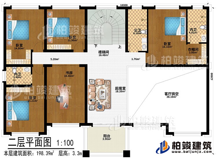 二層：起居室、客廳挑空、4臥室、書房、樓梯間、衣帽間、公衛(wèi)、2內(nèi)衛(wèi)