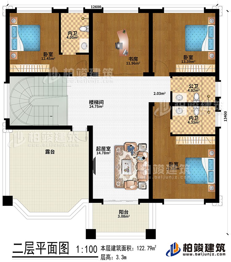二層：樓梯間、起居室、3臥室、書房、2內(nèi)衛(wèi)、公衛(wèi)、露臺(tái)、陽臺(tái)
