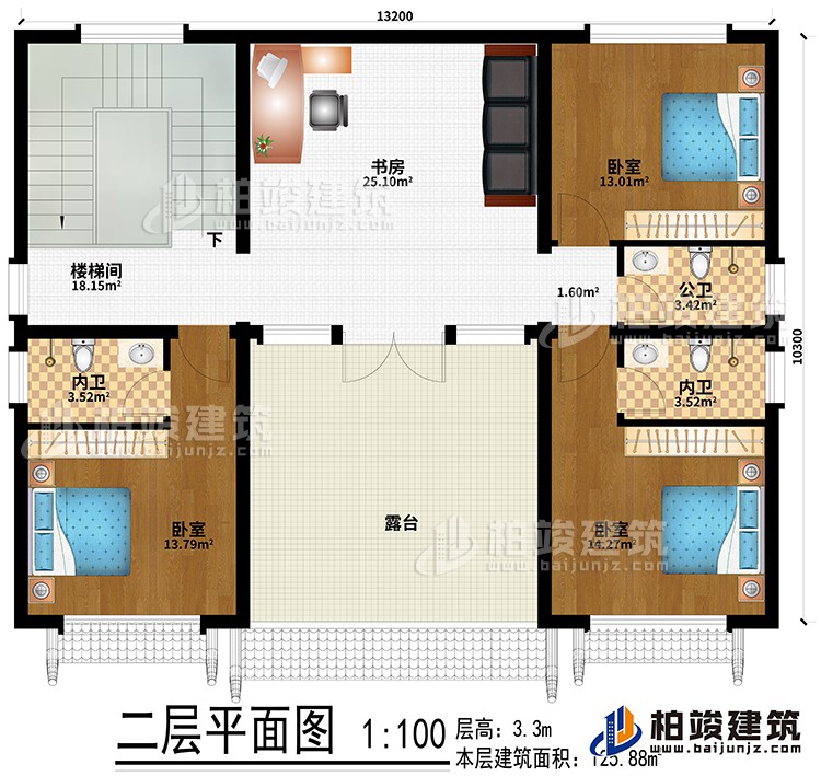 二層：書房、樓梯間、3臥室、公衛(wèi)、2內(nèi)衛(wèi)、露臺(tái)