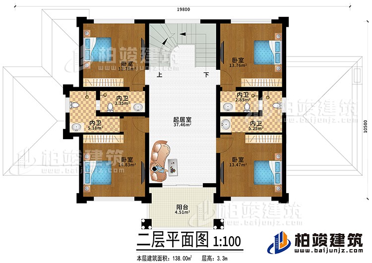 二層：起居室，4臥室?guī)?nèi)衛(wèi)，陽臺(tái)，樓梯