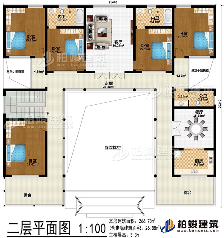 二層：客廳、餐廳、廚房、5臥室、2內(nèi)衛(wèi)、公衛(wèi)、2露臺、庭院挑空、2景觀小院挑空