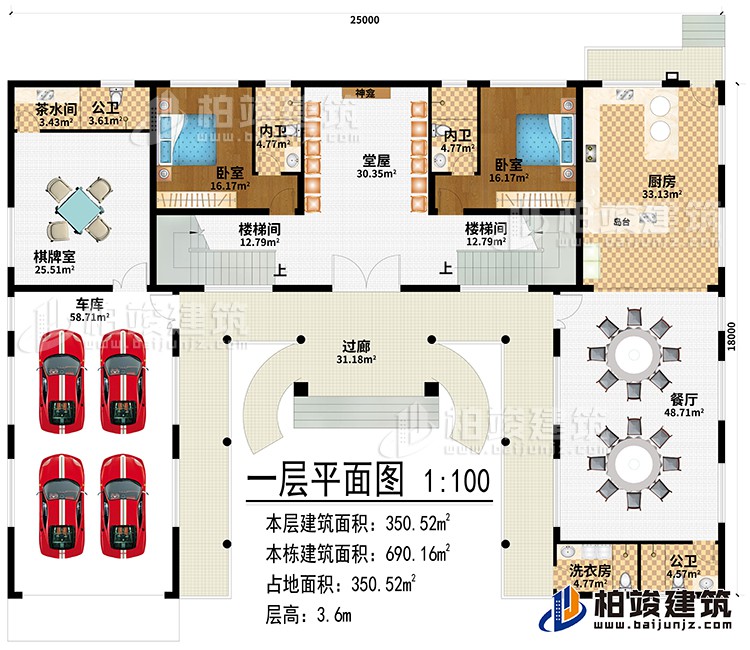 一層：過(guò)廊、堂屋、神龕、2樓梯間、廚房、餐廳、棋牌室、車庫(kù)、茶水間、2公衛(wèi)、洗衣房、2臥室、2內(nèi)衛(wèi)