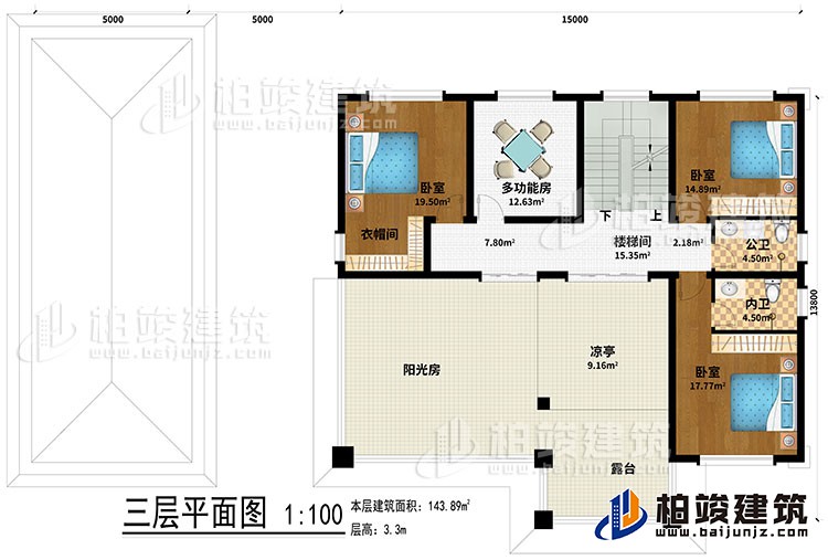三層：樓梯間、3臥室、多功能房、衣帽間、公衛(wèi)、內(nèi)衛(wèi)、涼亭、陽光房、露臺