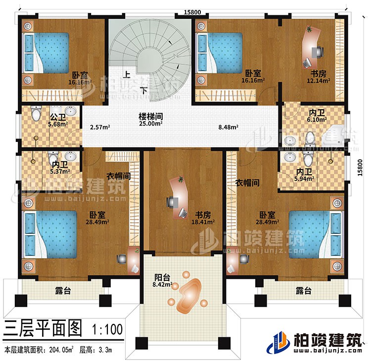 三層：樓梯間、4臥室、2衣帽間、2書房、公衛(wèi)、3內(nèi)衛(wèi)、2露臺(tái)、陽臺(tái)