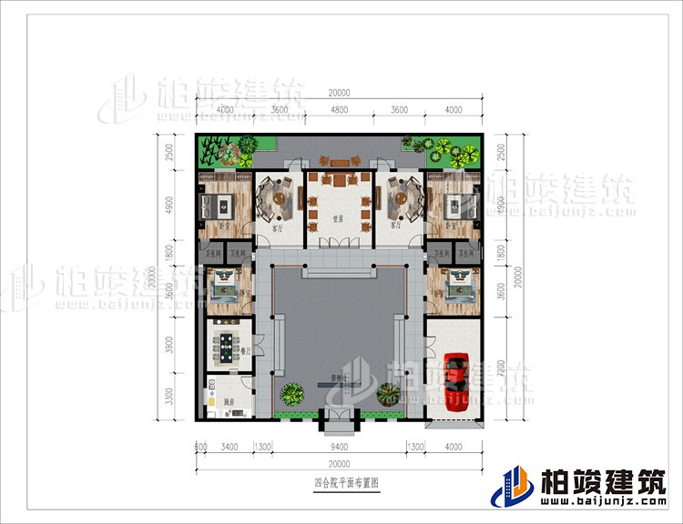 一層：影壁墻、車(chē)庫(kù)、廚房、餐廳、4臥室、4內(nèi)衛(wèi)、2客廳、堂屋、后花園
