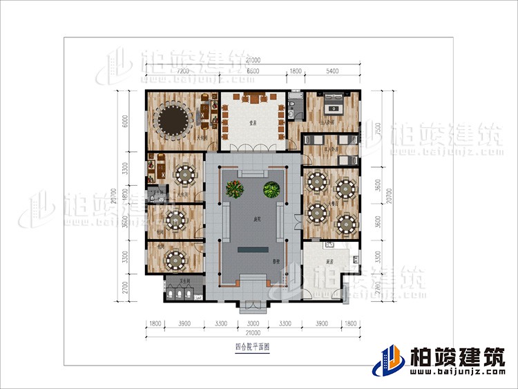 一層：大餐廳、2包間、2大餐廳、2內(nèi)衛(wèi)、堂屋、臥室、工人臥室、公衛(wèi)、庭院、影壁墻