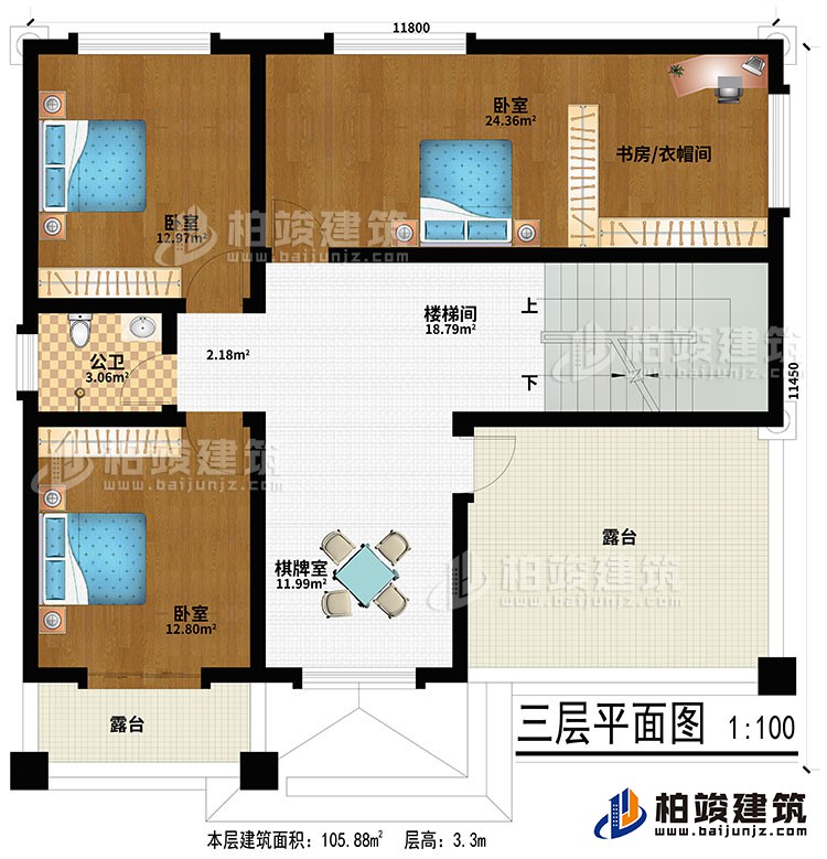 三層：棋牌室、樓梯間、3臥室、書房/衣帽間、公衛(wèi)、2露臺