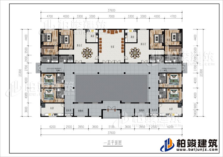 一層：2儲(chǔ)物間、2洗衣間、2灶房、8臥室、2衣帽間、2公衛(wèi)、6內(nèi)衛(wèi)、2廚房、2宴會(huì)廳、堂屋