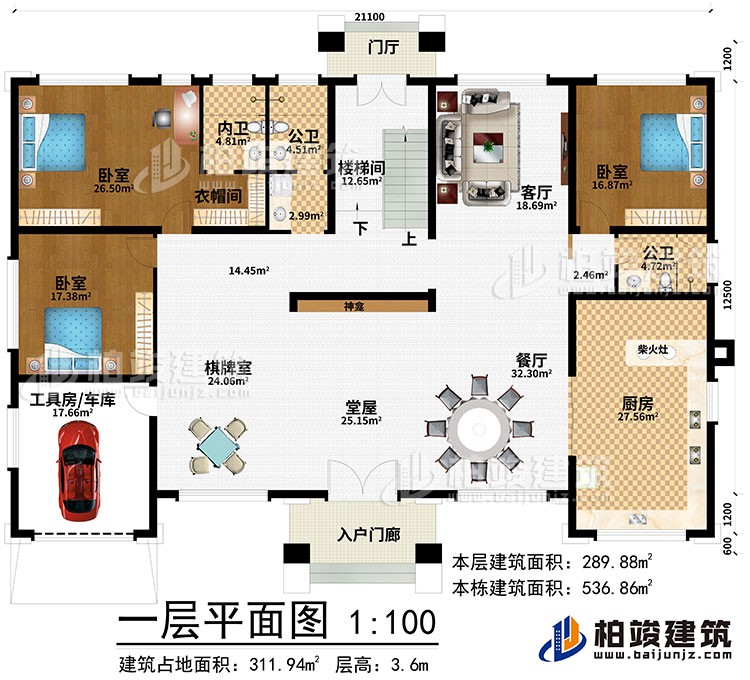 一層：入戶門廊、門廳、堂屋、神龕、棋牌室、餐廳、廚房、客廳、樓梯間、工具房/車庫、3臥室、衣帽間、內(nèi)衛(wèi)、2公衛(wèi)