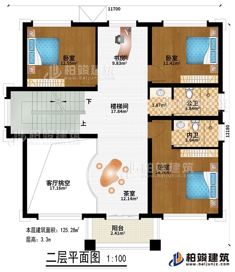 二層：樓梯間、書房、茶室、客廳挑空、3臥室、公衛(wèi)、內(nèi)衛(wèi)、陽臺(tái)