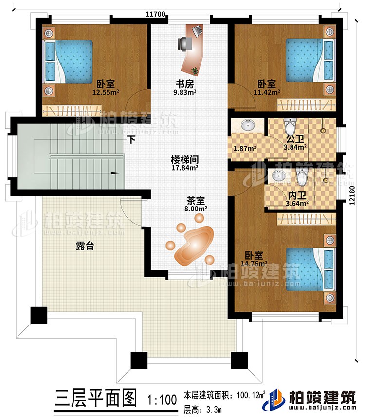 三層：樓梯間、書房、茶室、3臥室、公衛(wèi)、內(nèi)衛(wèi)、露臺(tái)