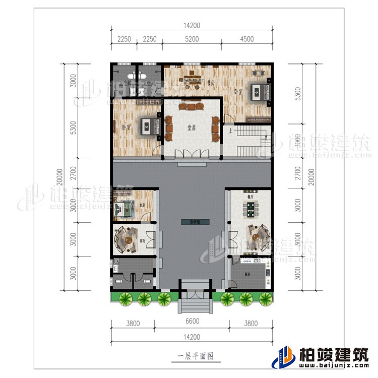 一層：廚房、2客廳、餐廳、公衛(wèi)、3臥室、影壁墻、堂屋、書房、2內(nèi)衛(wèi)