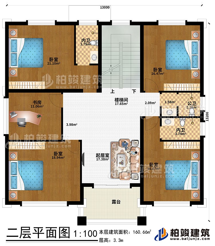 二層：起居室、樓梯間、4臥室、書房、公衛(wèi)、內(nèi)衛(wèi)、露臺