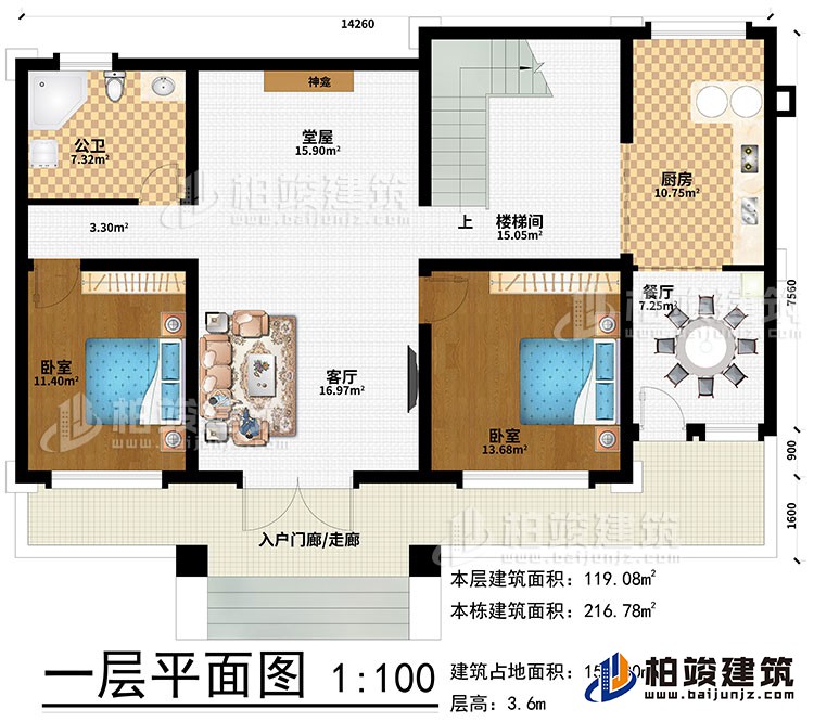 一層：入戶門廊/走廊、客廳、堂屋、神龕、樓梯間、廚房、餐廳、2臥室、公衛(wèi)