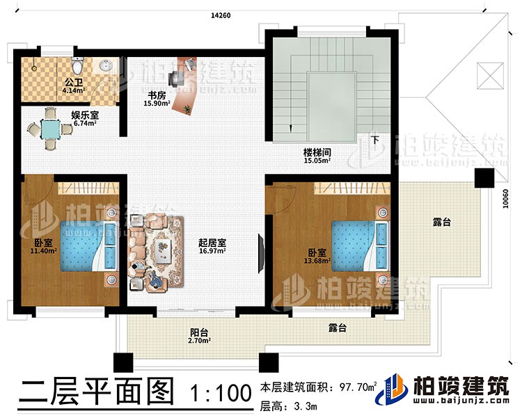 二層：起居室、書房、娛樂(lè)室、2臥室、樓梯間、公衛(wèi)、陽(yáng)臺(tái)、2露臺(tái)