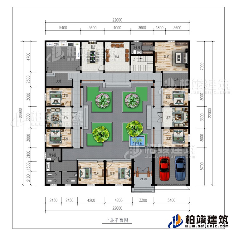 一層：廣亮大門(mén)、車(chē)庫(kù)、書(shū)房、公衛(wèi)、7臥室、2客廳、餐廳、廚房、堂屋、2天井、內(nèi)衛(wèi)、荷花魚(yú)池