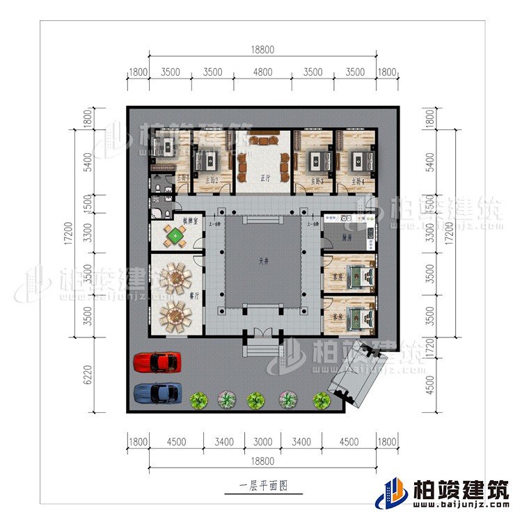 一層：車庫、餐廳、棋牌室、廚房、正廳、6臥室、公衛(wèi)、內(nèi)衛(wèi)
