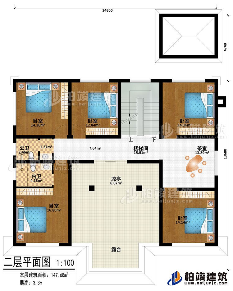 二層：樓梯間、茶室、涼亭、5臥室、公衛(wèi)、內(nèi)衛(wèi)、露臺(tái)
