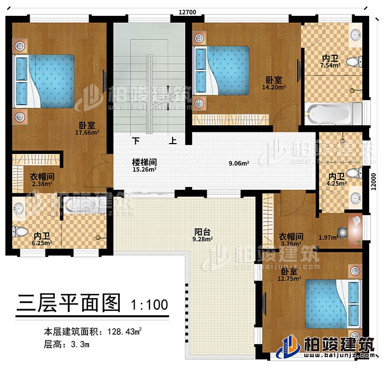 三層：樓梯間、3臥室、2衣帽間、3內(nèi)衛(wèi)、陽臺