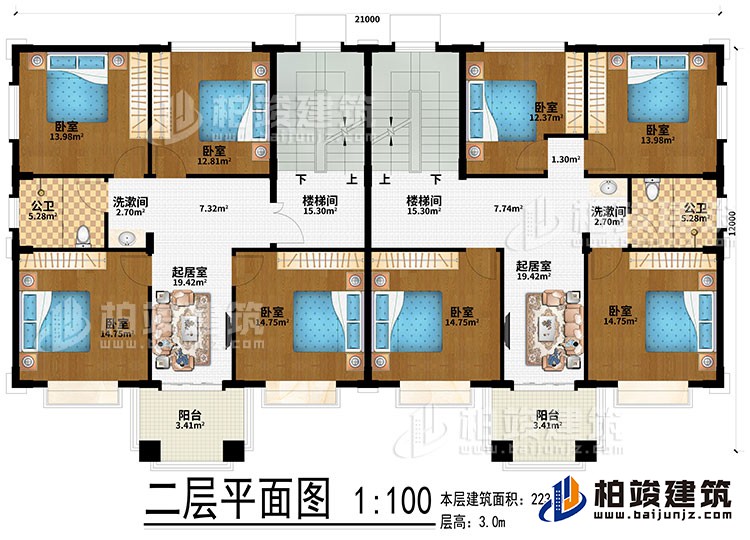 二層：2樓梯間、2起居室、2洗漱間、8臥室、2公衛(wèi)、2陽臺
