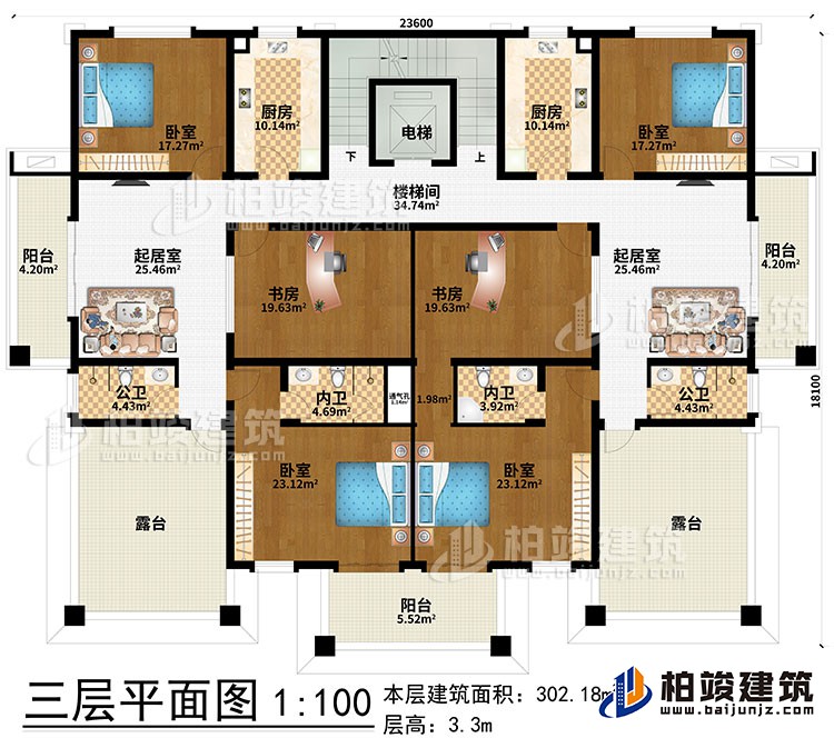 三層：2起居室、2公衛(wèi)、2內(nèi)衛(wèi)、樓梯間、電梯、2廚房、2書房、4臥室、3陽臺、2露臺、通氣孔