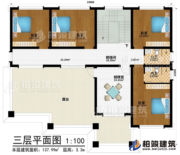 三層：樓梯間、棋牌室、4臥室、公衛(wèi)、內(nèi)衛(wèi)、露臺