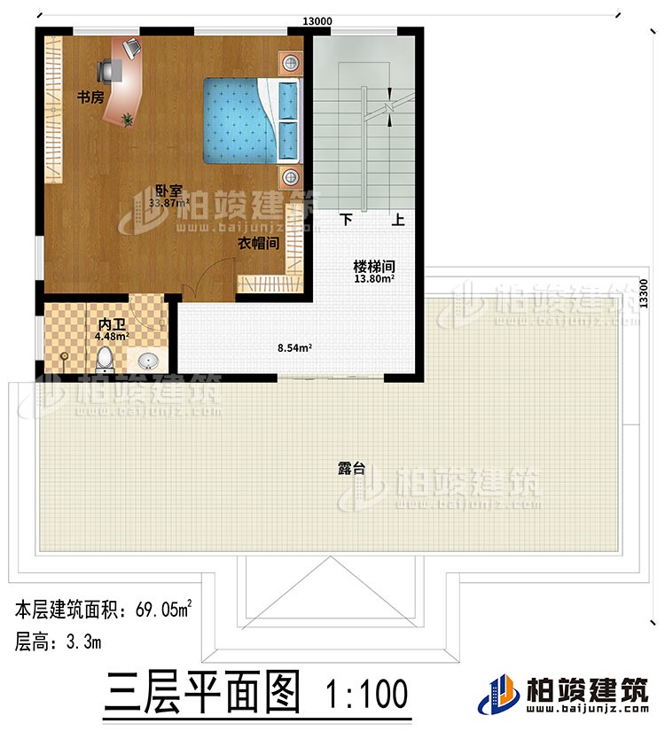 三層：樓梯間、臥室、衣帽間、內(nèi)衛(wèi)、書房、露臺