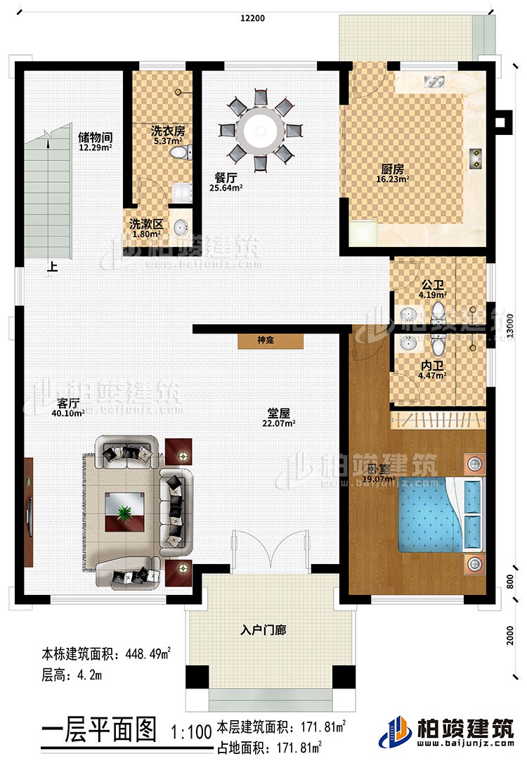 一層：入戶門廊、堂屋、神龕、客廳、餐廳、廚房、臥室、公衛(wèi)、內(nèi)衛(wèi)、洗漱區(qū)、洗衣房、儲物間