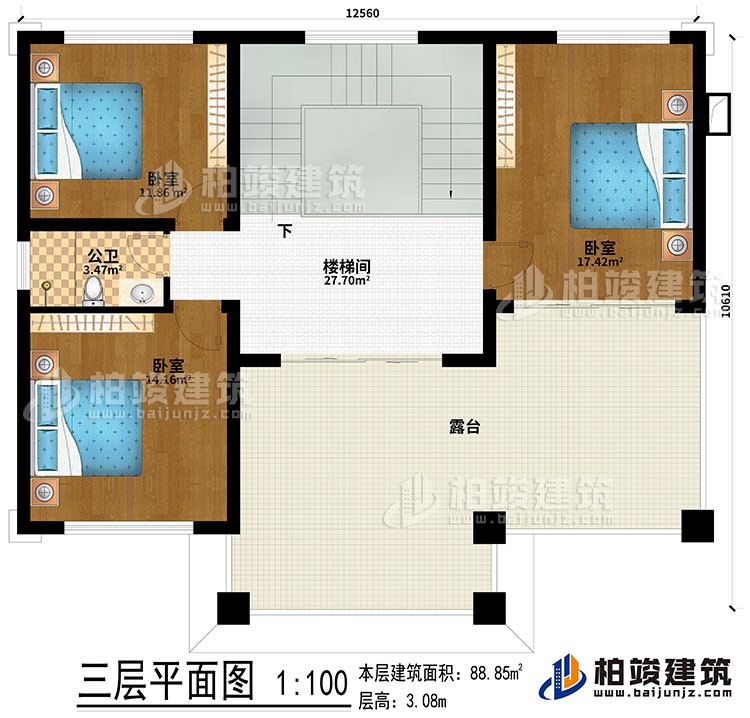 三層：樓梯間、3臥室、露臺(tái)、公衛(wèi)