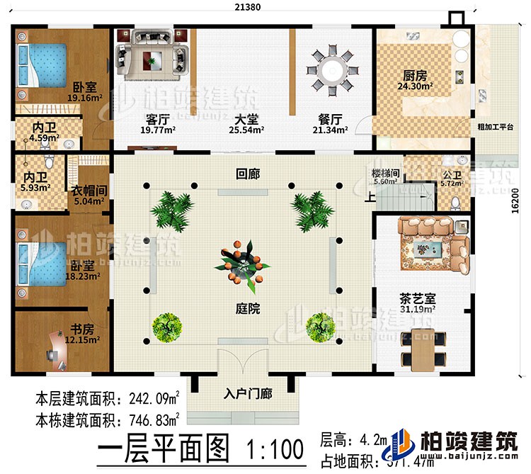 一層：入戶門廊、庭院、回廊、大堂、餐廳、廚房、粗加工平臺(tái)、客廳、2臥室、衣帽間、書房、樓梯間、茶藝室、公衛(wèi)、2內(nèi)衛(wèi)