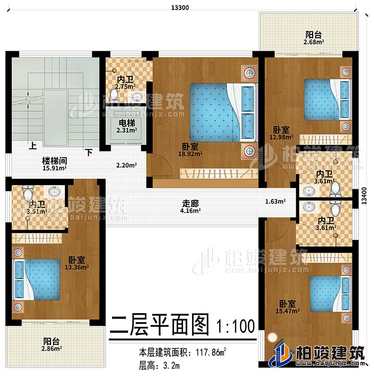 二層：走廊、4臥室、4內(nèi)衛(wèi)、2陽臺、樓梯間、電梯