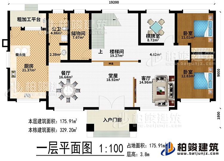 一層：入戶門廊、堂屋、神龕、客廳、餐廳、廚房、柴火灶、粗加工平臺、儲物間、樓梯間、棋牌室、2臥室、公衛(wèi)