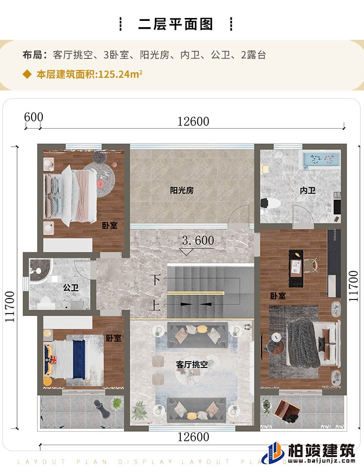 二層：客廳挑空、3臥室、陽光房、內(nèi)衛(wèi)、公衛(wèi)、2露臺