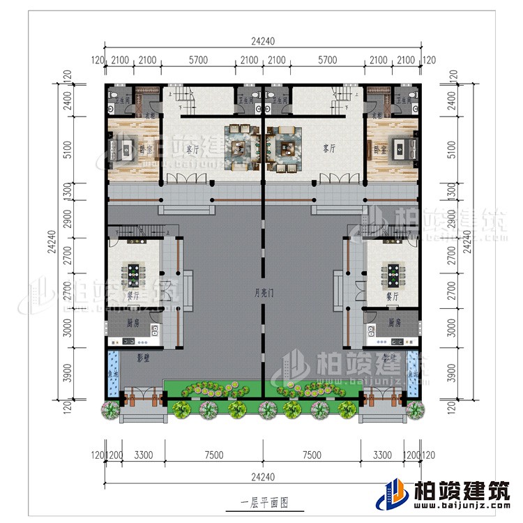 一層：月亮門、2廚房、2影壁、2餐廳、2客廳、2臥室、2衣柜、2內(nèi)衛(wèi)、2魚池