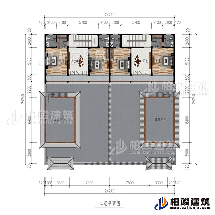 二層：2屋頂平臺、2茶室、4臥室、2衣柜、4內(nèi)衛(wèi)