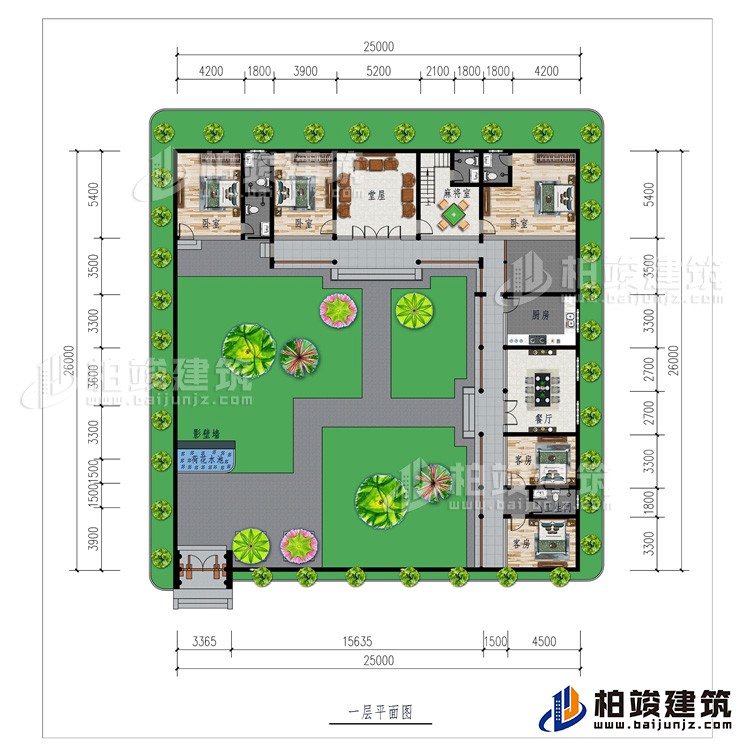 一層：影壁墻、花園、堂屋、廚房、餐廳、5臥室、2公衛(wèi)、2內(nèi)衛(wèi)、麻將室