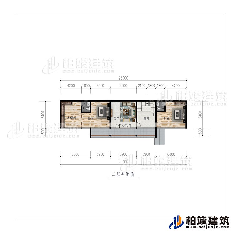 二層：過(guò)廳、客廳、衣帽間、2臥室