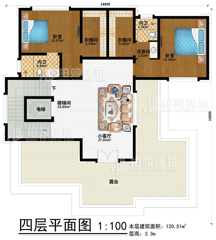 四層：2臥室、2衣帽間、2內(nèi)衛(wèi)、樓梯間、電梯、小客廳、露臺(tái)