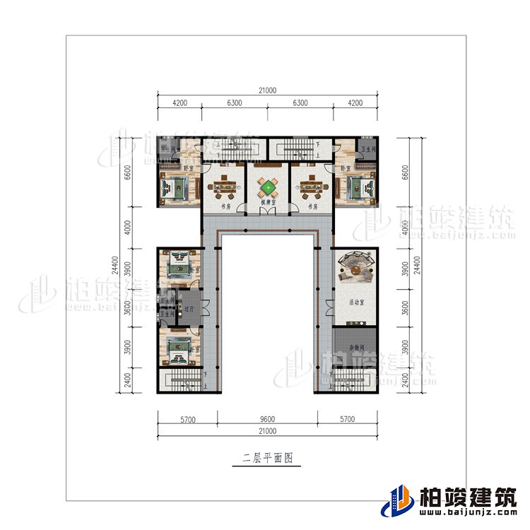 二層：棋牌室、2書房、活動(dòng)室、雜物間、4臥室、4內(nèi)衛(wèi)、過廊