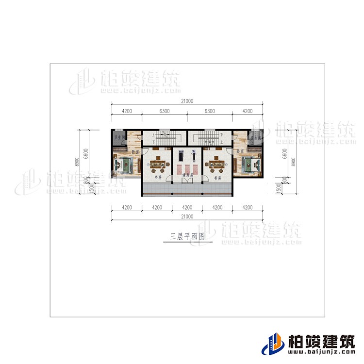 三層：2臥室、健身房、2書房、2內(nèi)衛(wèi)