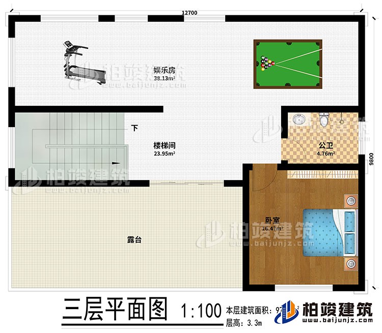三層：娛樂室、樓梯間、公衛(wèi)、臥室、露臺