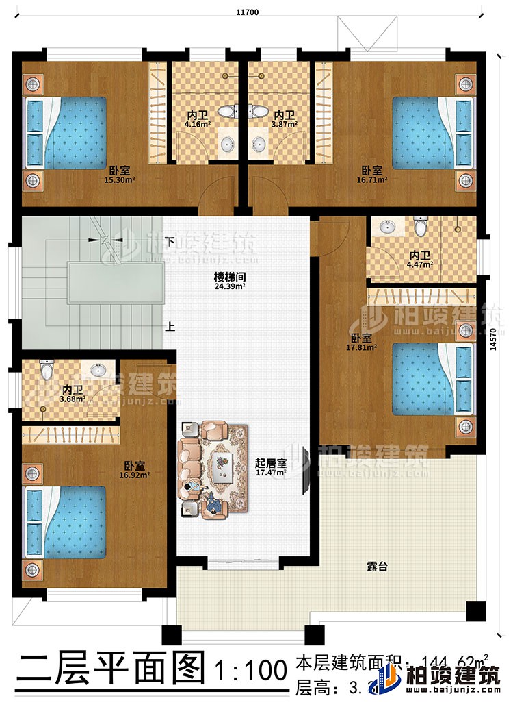 二層：起居室、樓梯間、4臥室、4內(nèi)衛(wèi)、露臺(tái)