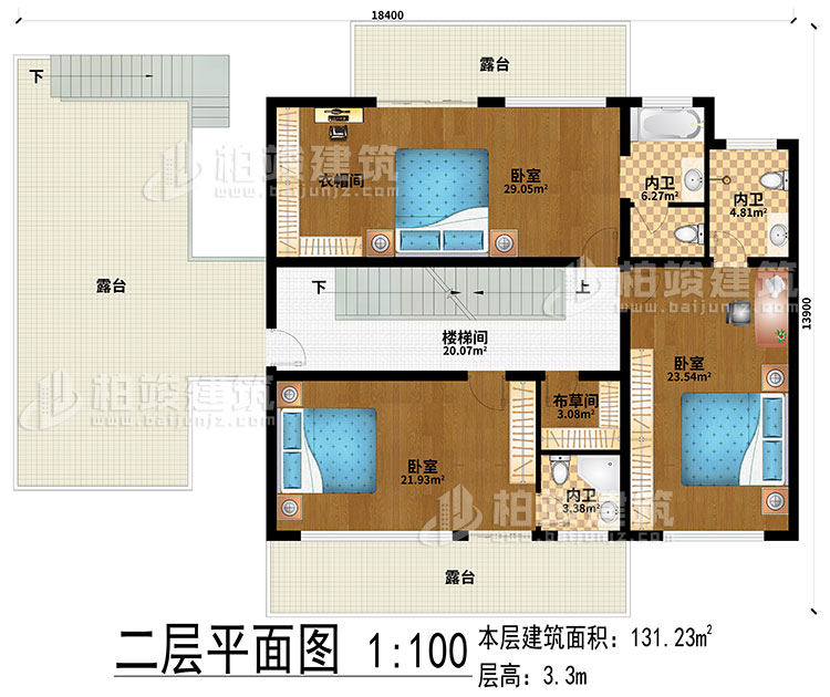 二層：樓梯間、3臥室、衣帽間、布草間、3內衛(wèi)、3露臺