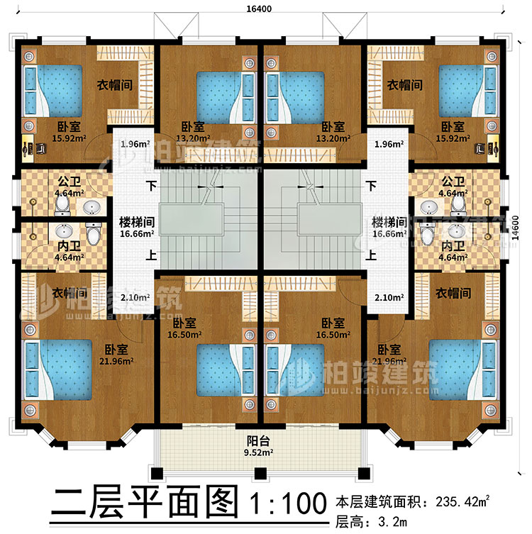 二層：2樓梯間、8臥室、4衣帽間、2公衛(wèi)、2內(nèi)衛(wèi)、陽臺