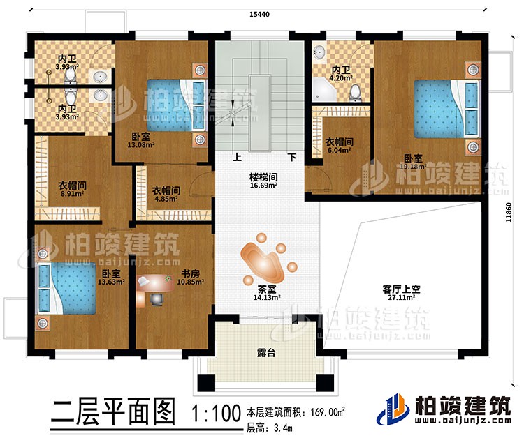 二層：茶室、樓梯間、客廳上空、3臥室、3衣帽間、書房、3內(nèi)衛(wèi)、露臺(tái)