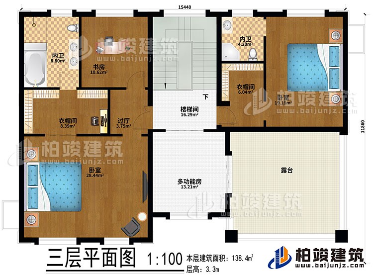 三層：2臥室、2衣帽間、過廳、書房、2內(nèi)衛(wèi)、多功能房、樓梯間、露臺(tái)