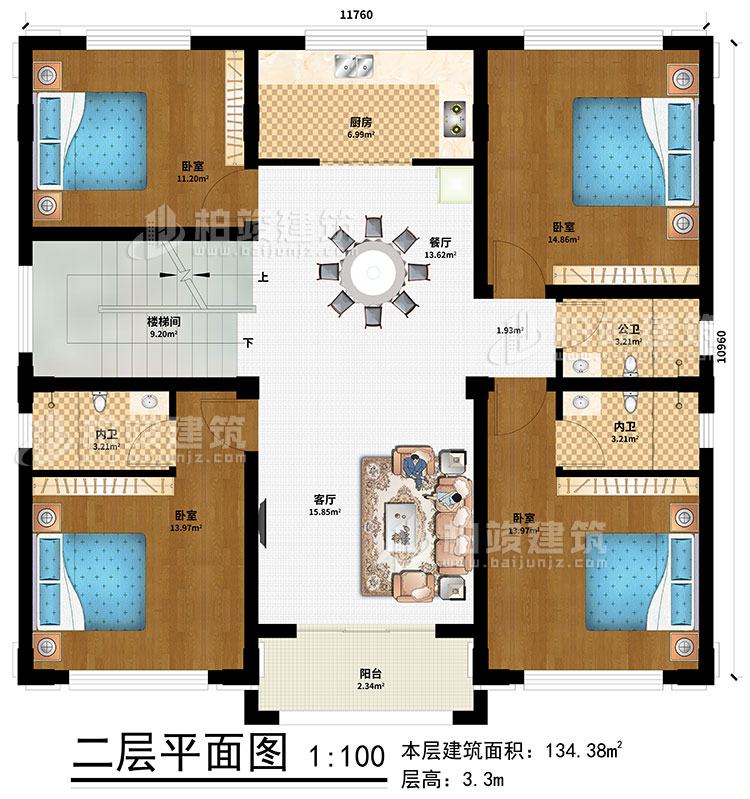 二層：樓梯間、客廳、餐廳、廚房、4臥室 、公衛(wèi)、2內(nèi)衛(wèi)、陽臺