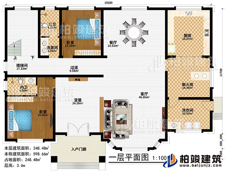 一層：入戶門廊、堂屋、神龕、客廳、餐廳、廚房、柴火房、2臥室、洗漱間、洗衣間、公衛(wèi)、內(nèi)衛(wèi)、過道、樓梯間