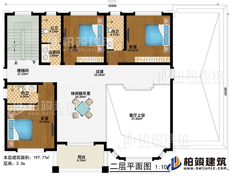 一層：休閑娛樂室、樓梯間、客廳上空、過道、3臥室、洗漱間、公衛(wèi)、2內(nèi)衛(wèi)、陽臺(tái)